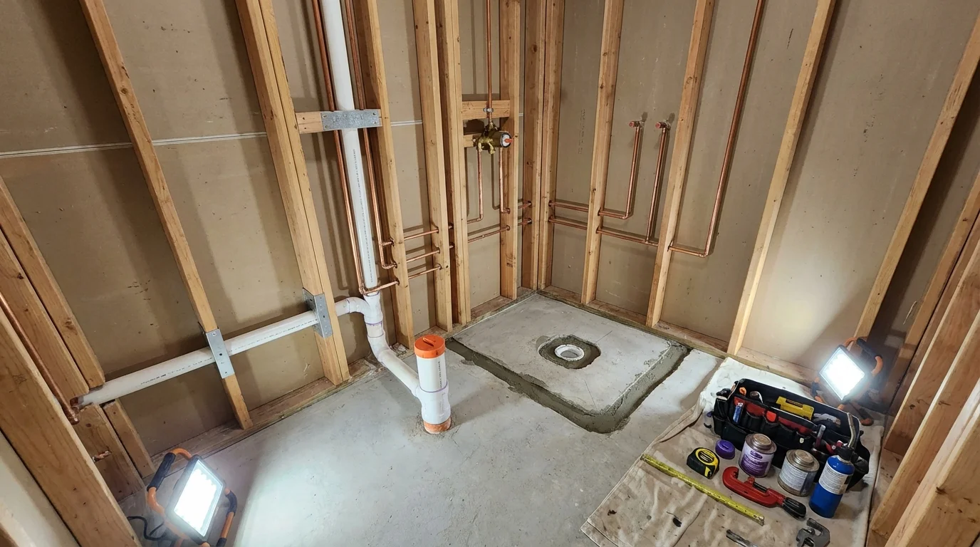 Bathroom rough-in plumbing during remodel by Johns Plumbing LLC in Lowellville