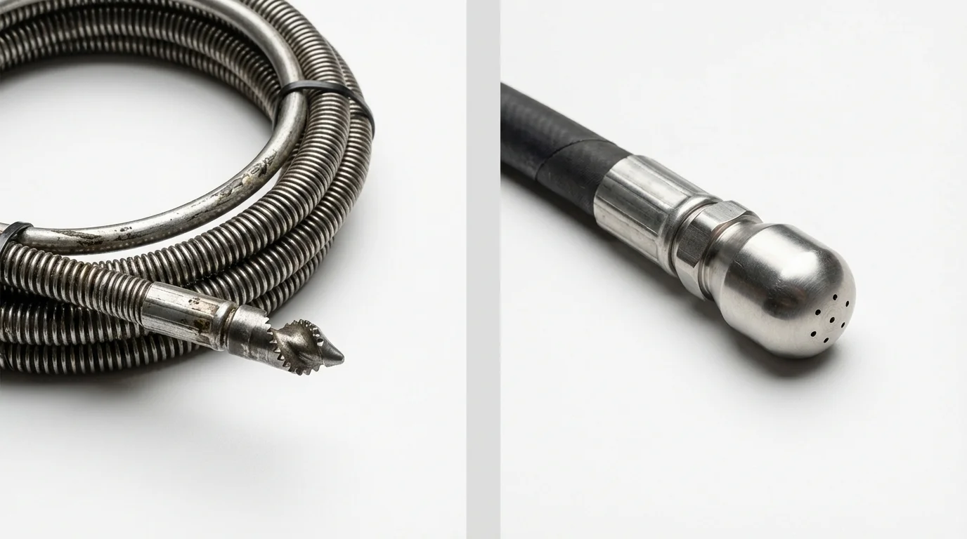 Drain snake cable and hydro jetting nozzle used for drain cleaning in Lowellville, OH
