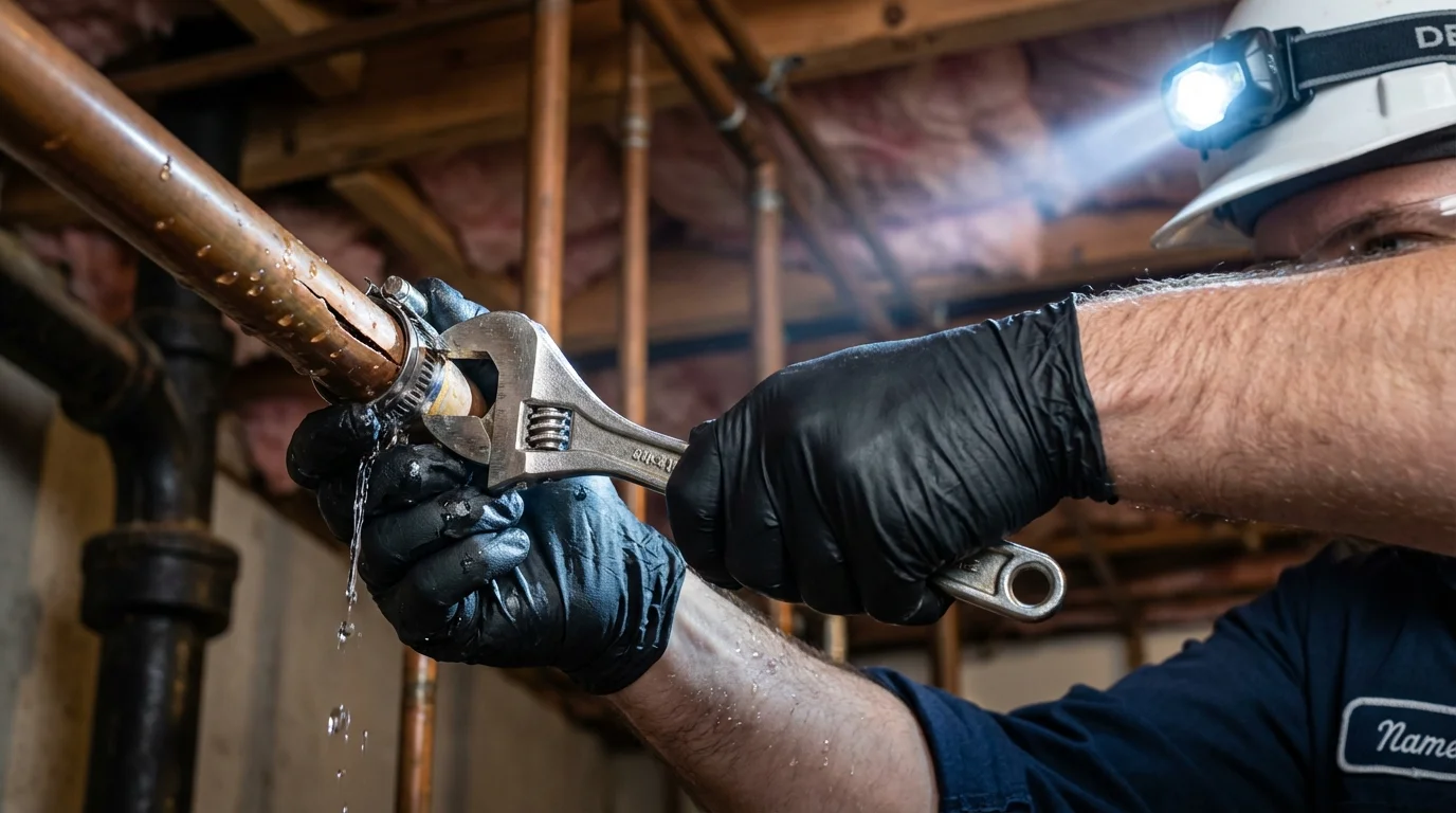 Emergency pipe clamp repair being performed by a Johns Plumbing LLC plumber in Lowellville