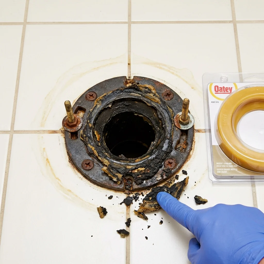 Failed wax ring showing water seepage at the base of a toilet in a Lowellville, OH home