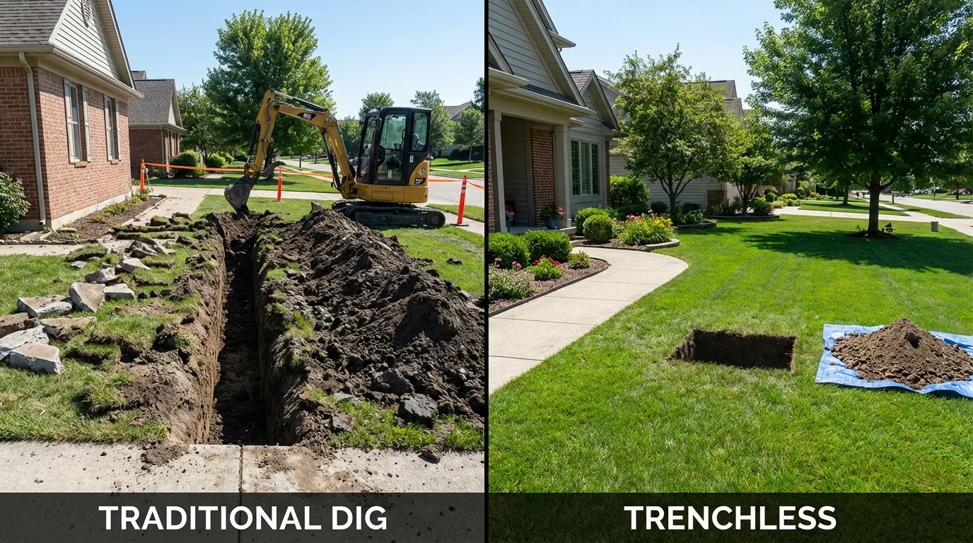 Trenchless sewer repair with minimal yard damage versus traditional excavation in Lowellville, OH