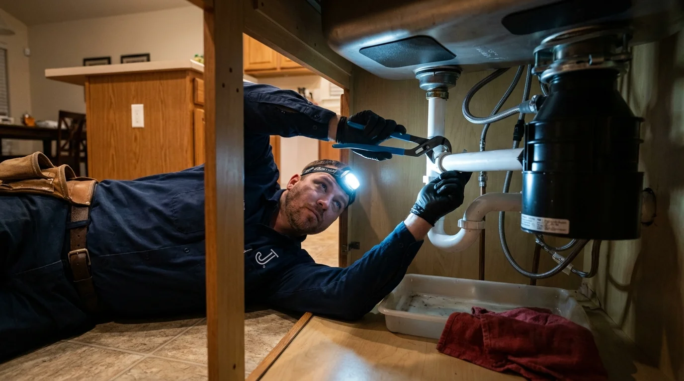 P-trap and supply line connections under a kitchen sink showing a common leak point in Lowellville, OH